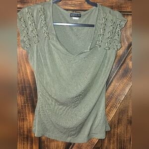 Venus Olive Green Lace-Up Shoulder V-Neck Top Size S